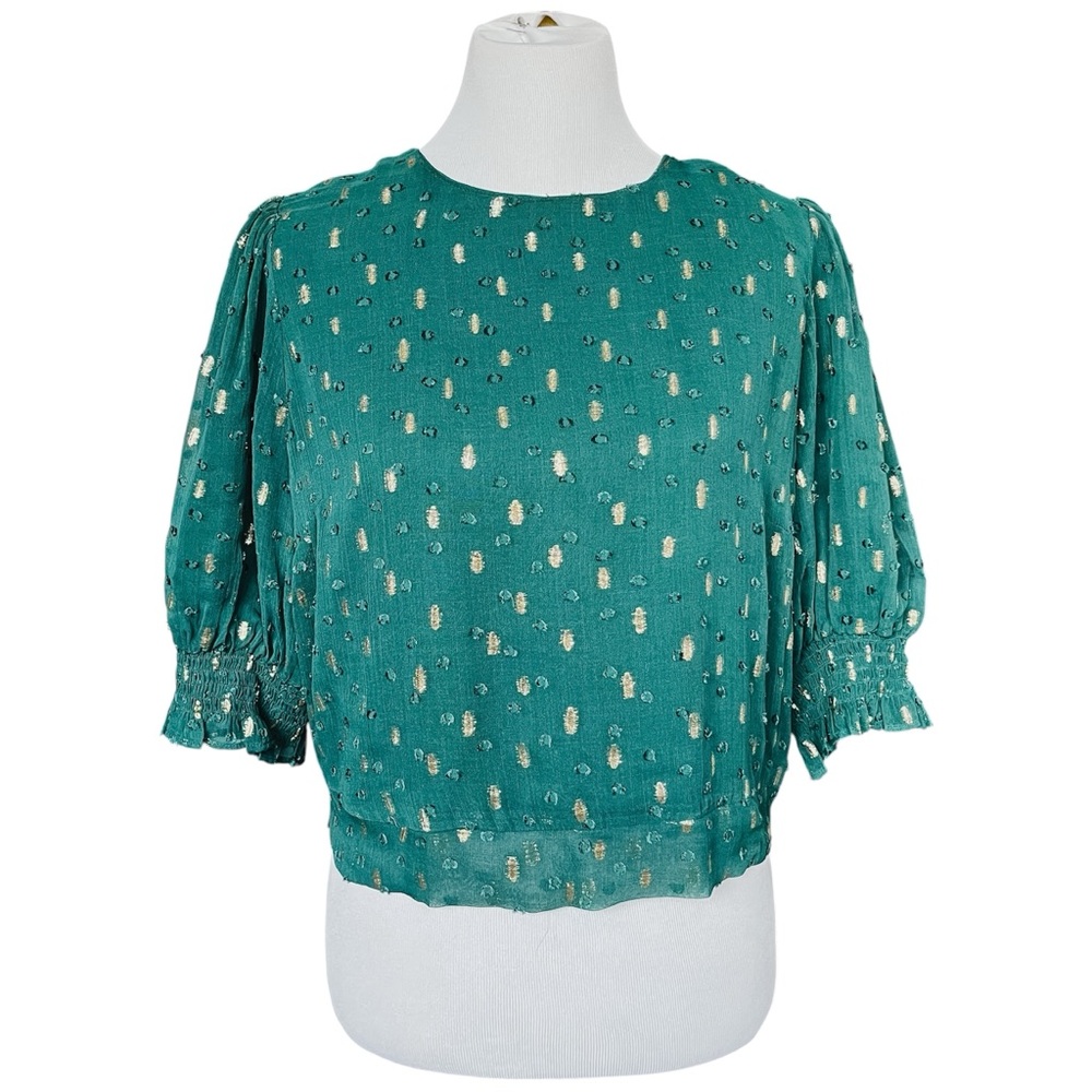 Boden Cropped Metallic Smocked Top Women’s 14 - Picture 2 of 7